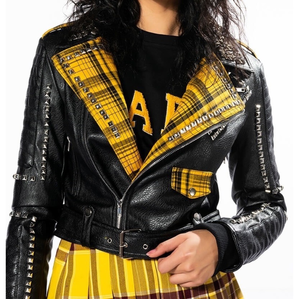 Azalea Wang Studded Vegan Leather Moto Jacket Plaid Monster High Frankie Stein M - Picture 2 of 16